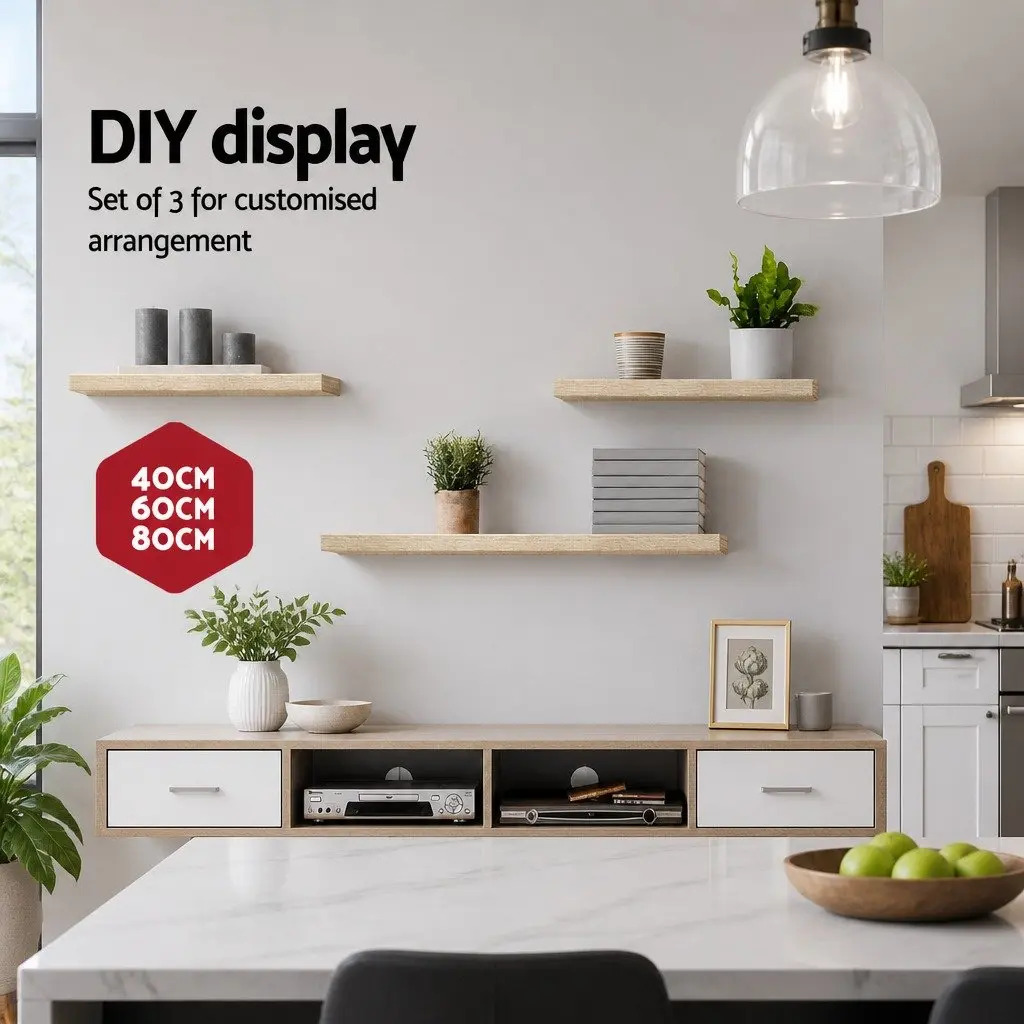 Floating Wall Shelf Set of 3 Oak Display Storage Shelves for Home Office Living