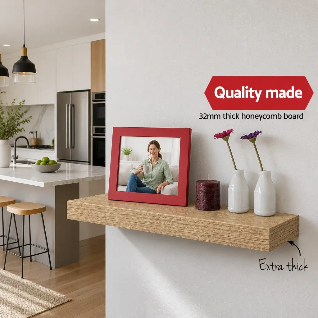 Floating Wall Shelf Set of 3 Oak Display Storage Shelves for Home Office Living