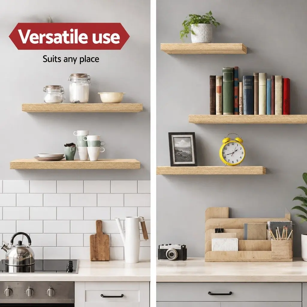 Floating Wall Shelf Set of 3 Oak Display Storage Shelves for Home Office Living