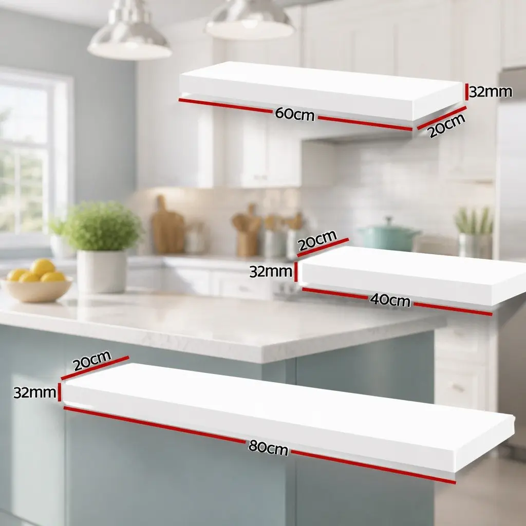 Floating Wall Shelf Set of 3 White Display Storage Books Photos Home Office