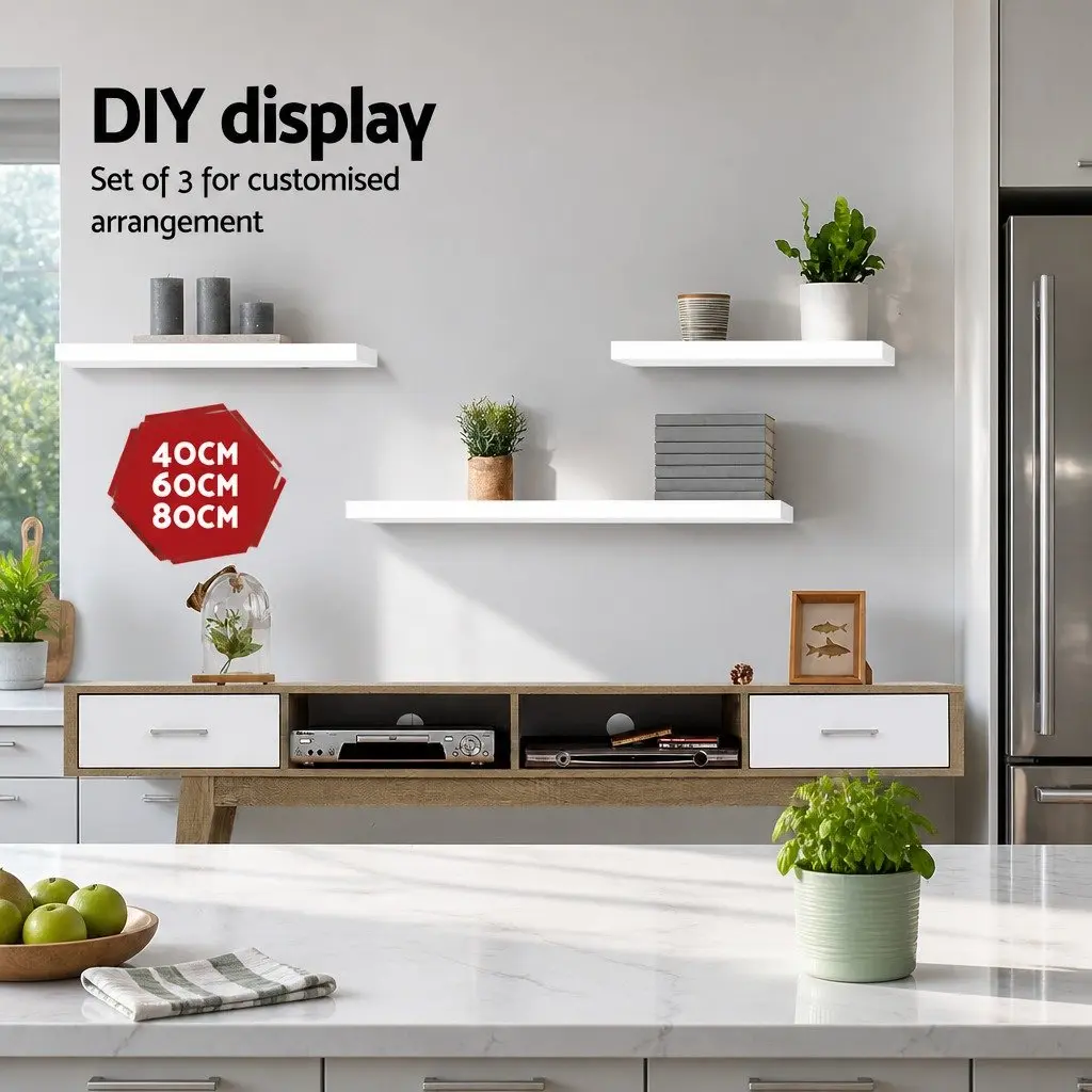 Floating Wall Shelf Set of 3 White Display Storage Books Photos Home Office