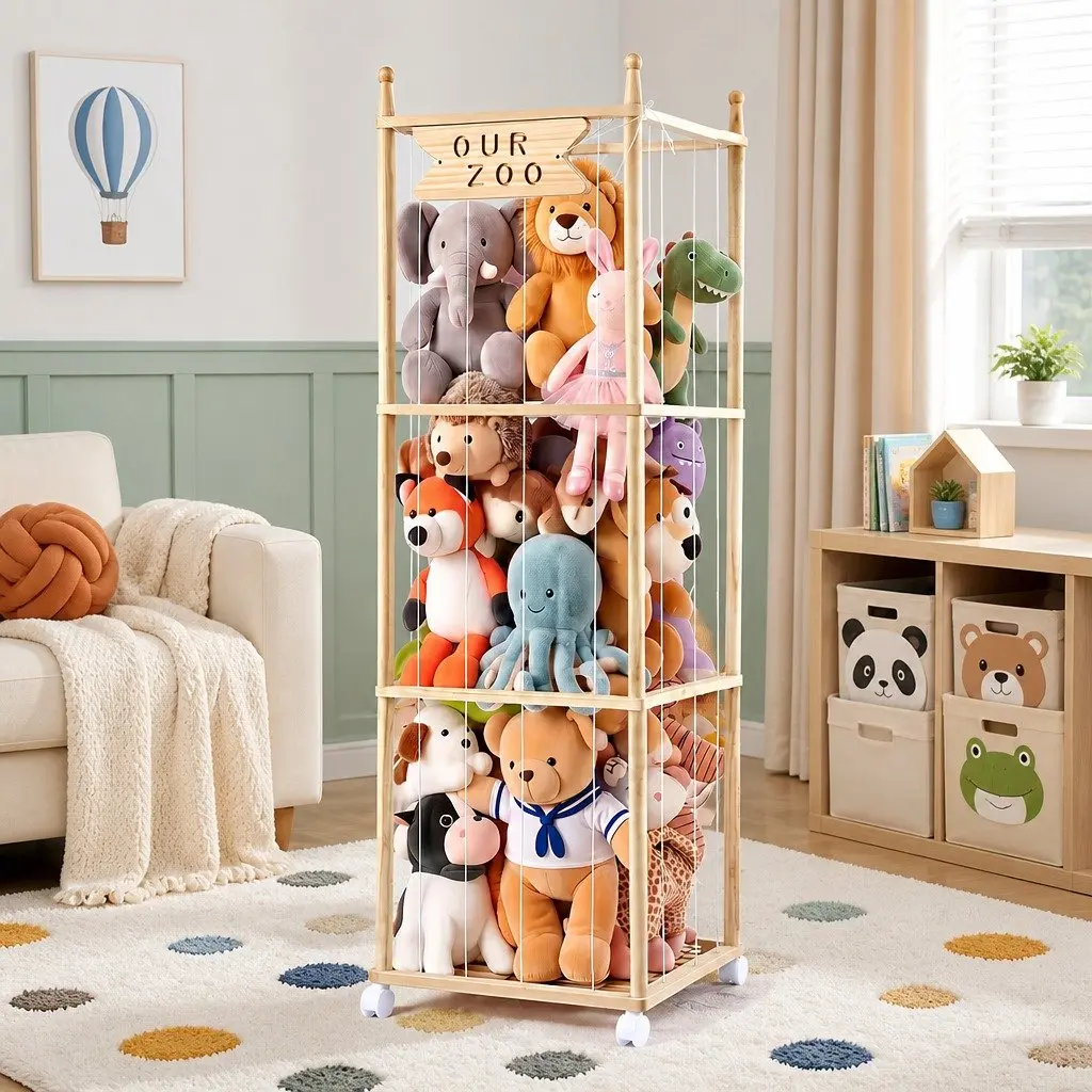 Stuffed Animal Storage Tower with Wheels Wooden Toy Organizer Vertical Design