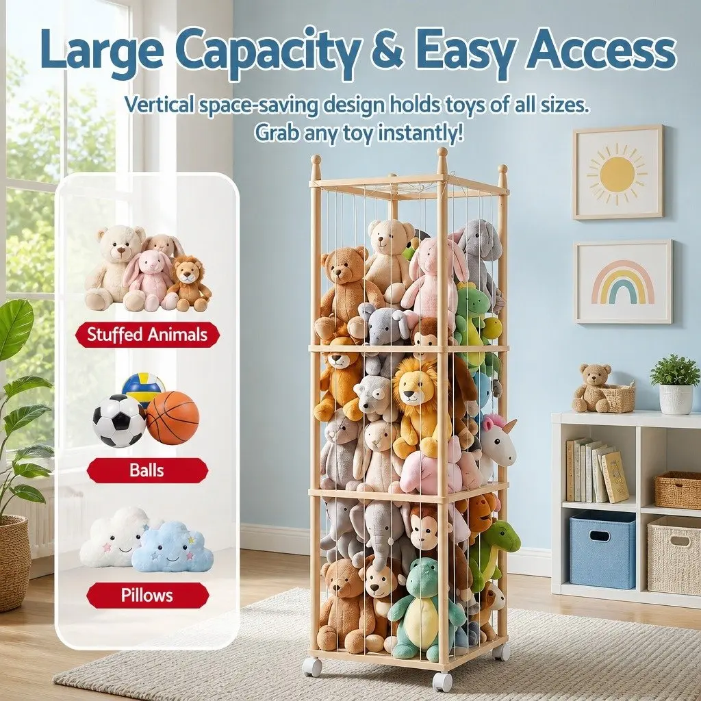 Stuffed Animal Storage Tower with Wheels Wooden Toy Organizer Vertical Design