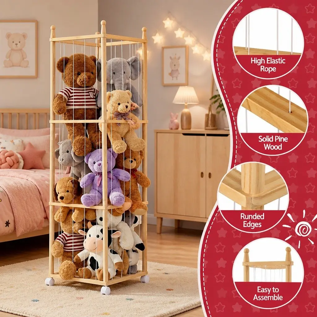 Stuffed Animal Storage Tower with Wheels Wooden Toy Organizer Vertical Design