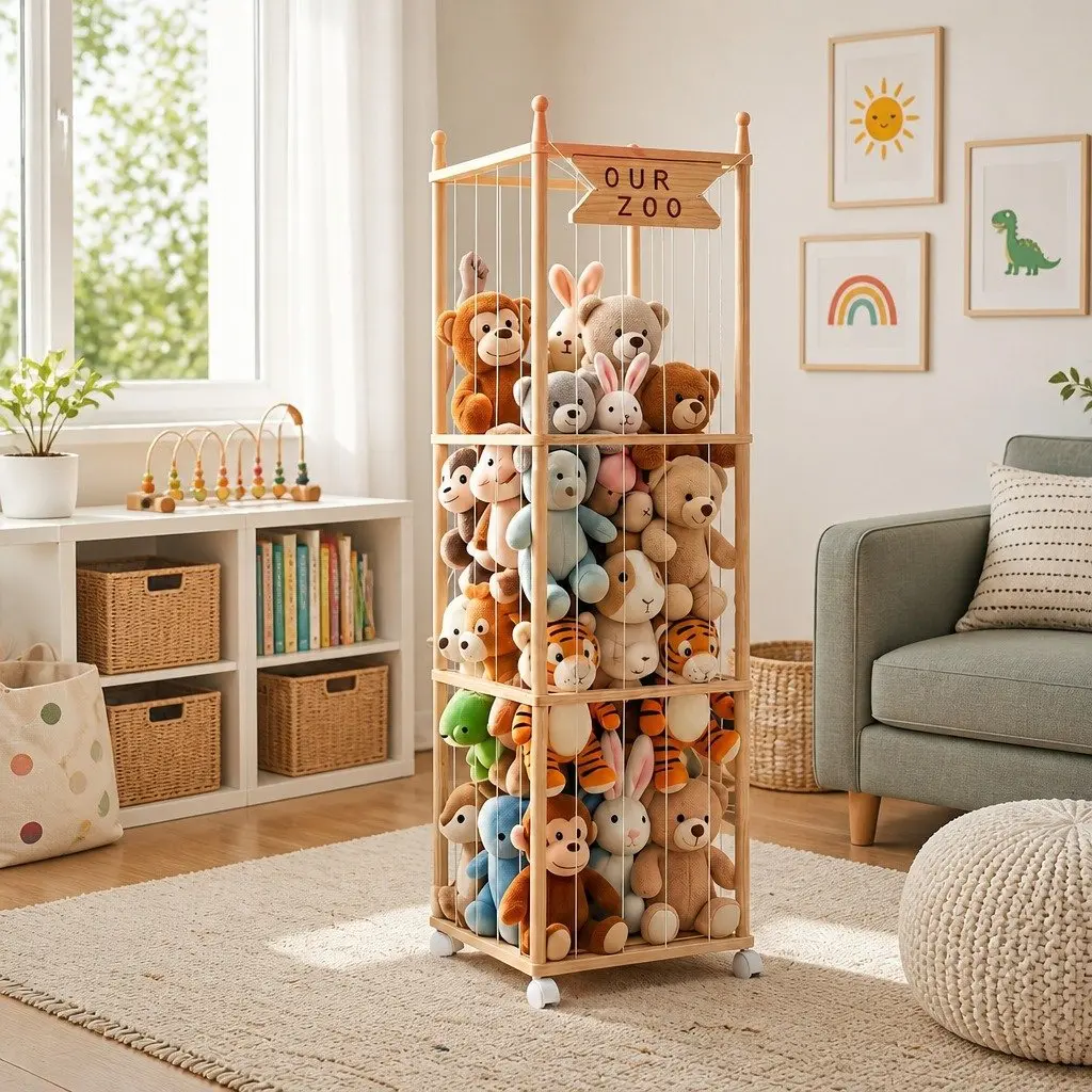 Stuffed Animal Storage Tower with Wheels Wooden Toy Organizer Vertical Design