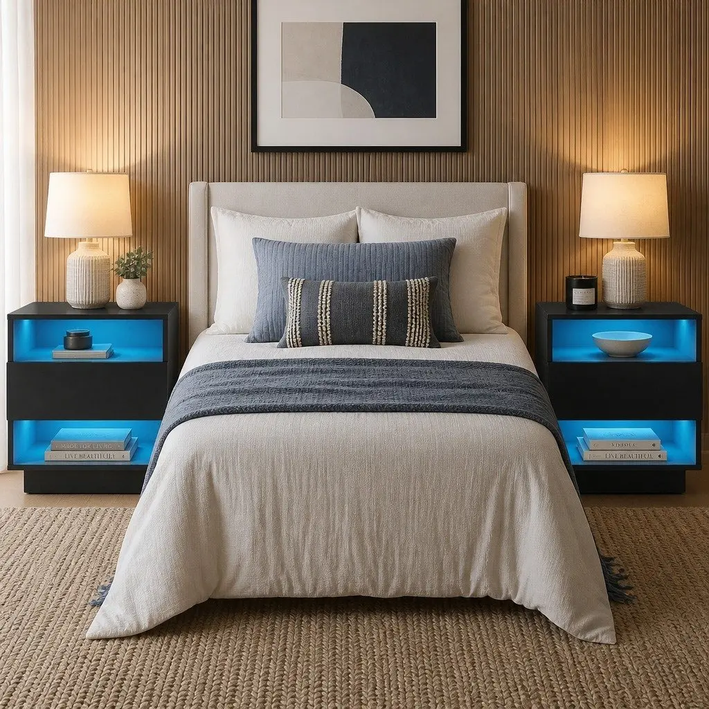 Bedside Table LED 2 Shelves Drawer Black Modern Bedroom Nightstand Storage