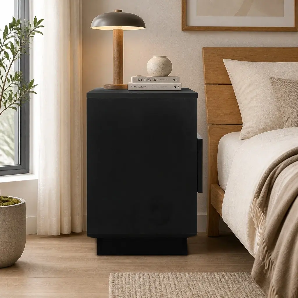 Bedside Table LED 2 Shelves Drawer Black Modern Bedroom Nightstand Storage