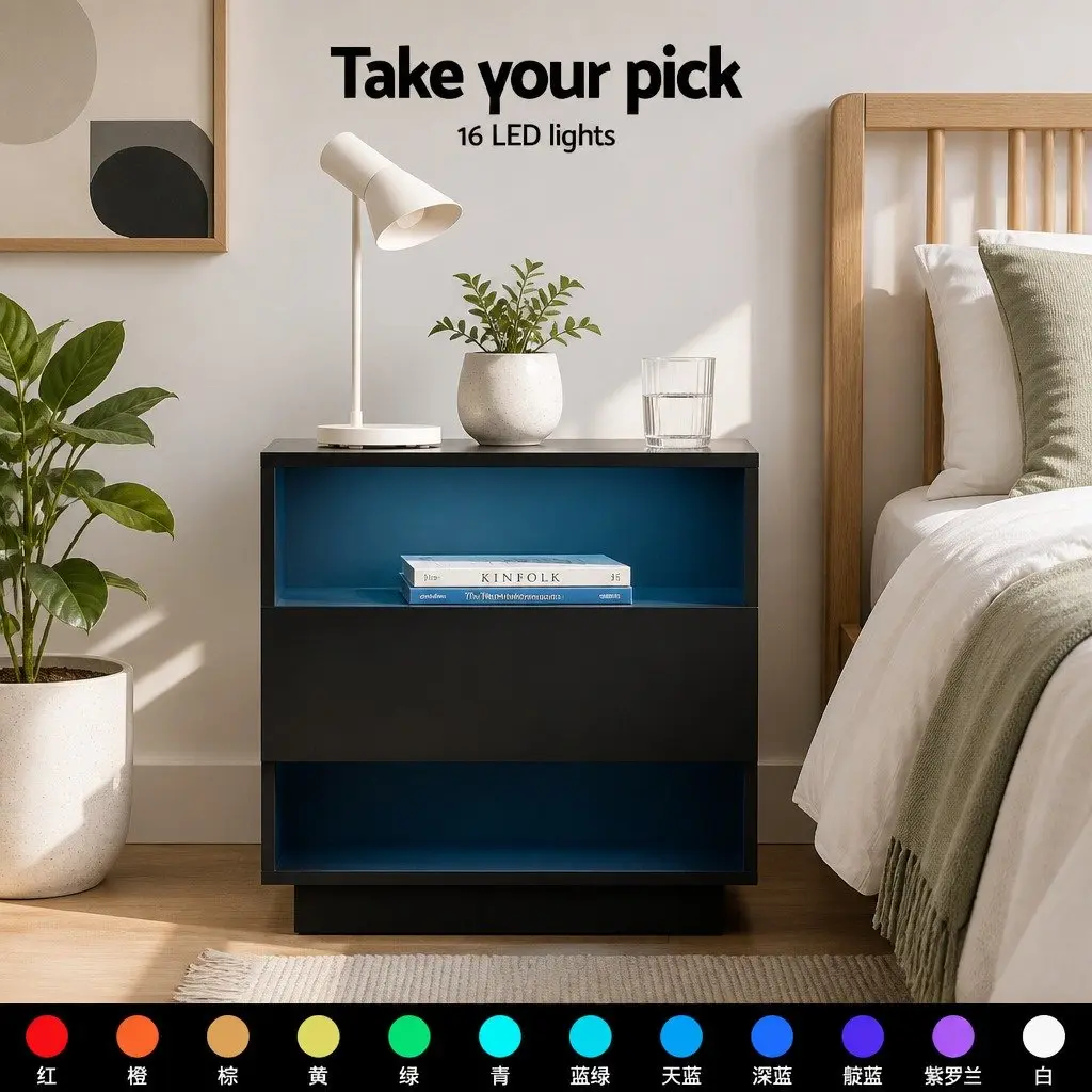 Bedside Table with LED Lighting 2 Shelves Drawer Modern Bedroom Furniture Black