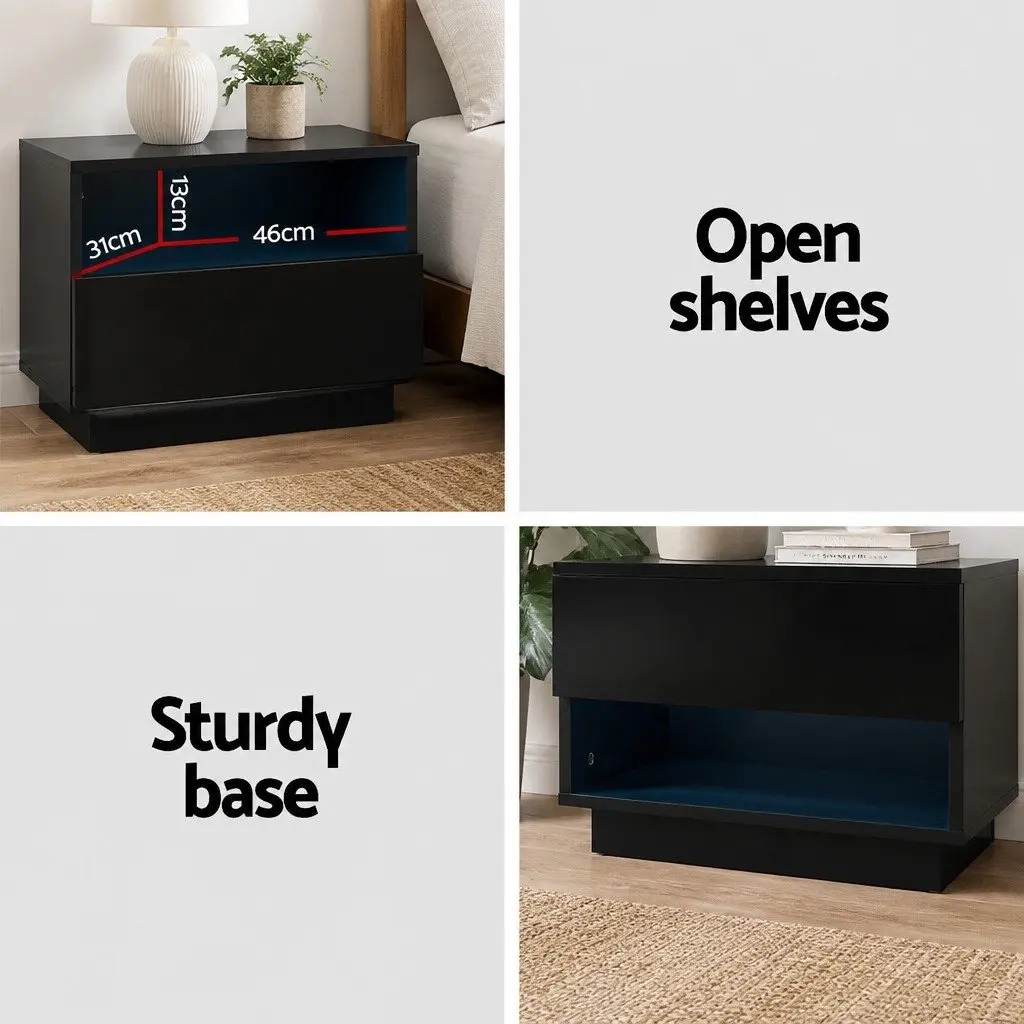 Bedside Table with LED Lighting 2 Shelves Drawer Modern Bedroom Furniture Black