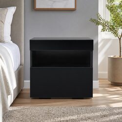 Black Bedside Table with LED Lighting 16 Colour Drawer Open Shelf Modern Bedroom