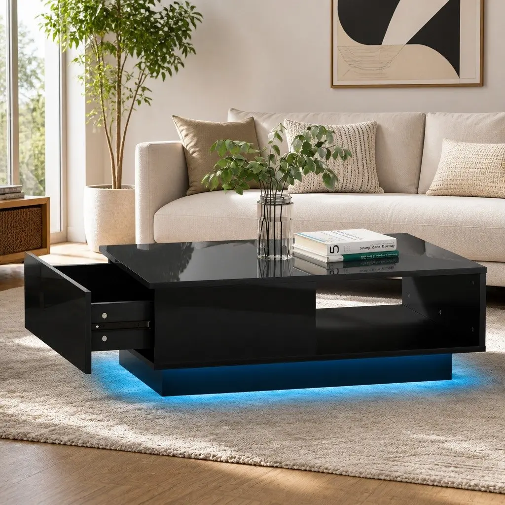 LED Coffee Table for Living Room Black with Remote Control Lights