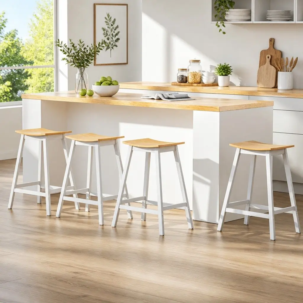 Bar Stools Wooden Chairs Set of 4 Kitchen Dining Seat Pine Saddle Design