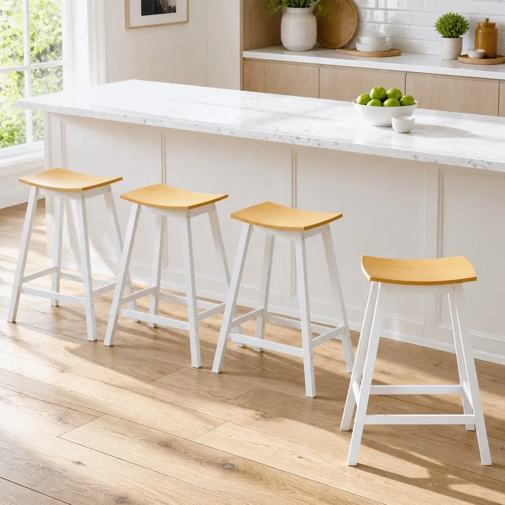 Bar Stools Wooden Chairs Set of 4 Kitchen Dining Seat Pine Saddle Design
