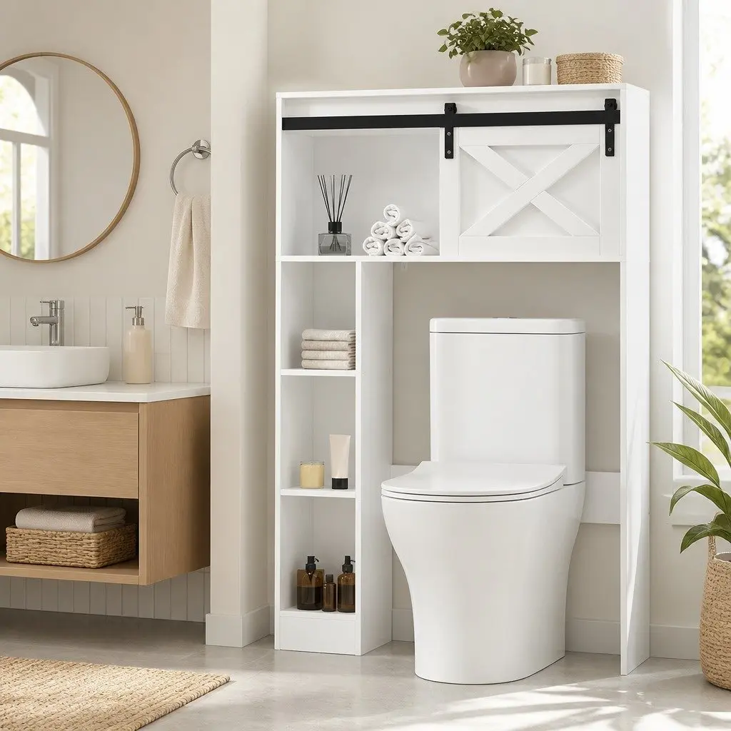 Bathroom Cabinet Over Toilet 3-Tier Open Shelves with Sliding Door for Organizing Storage
