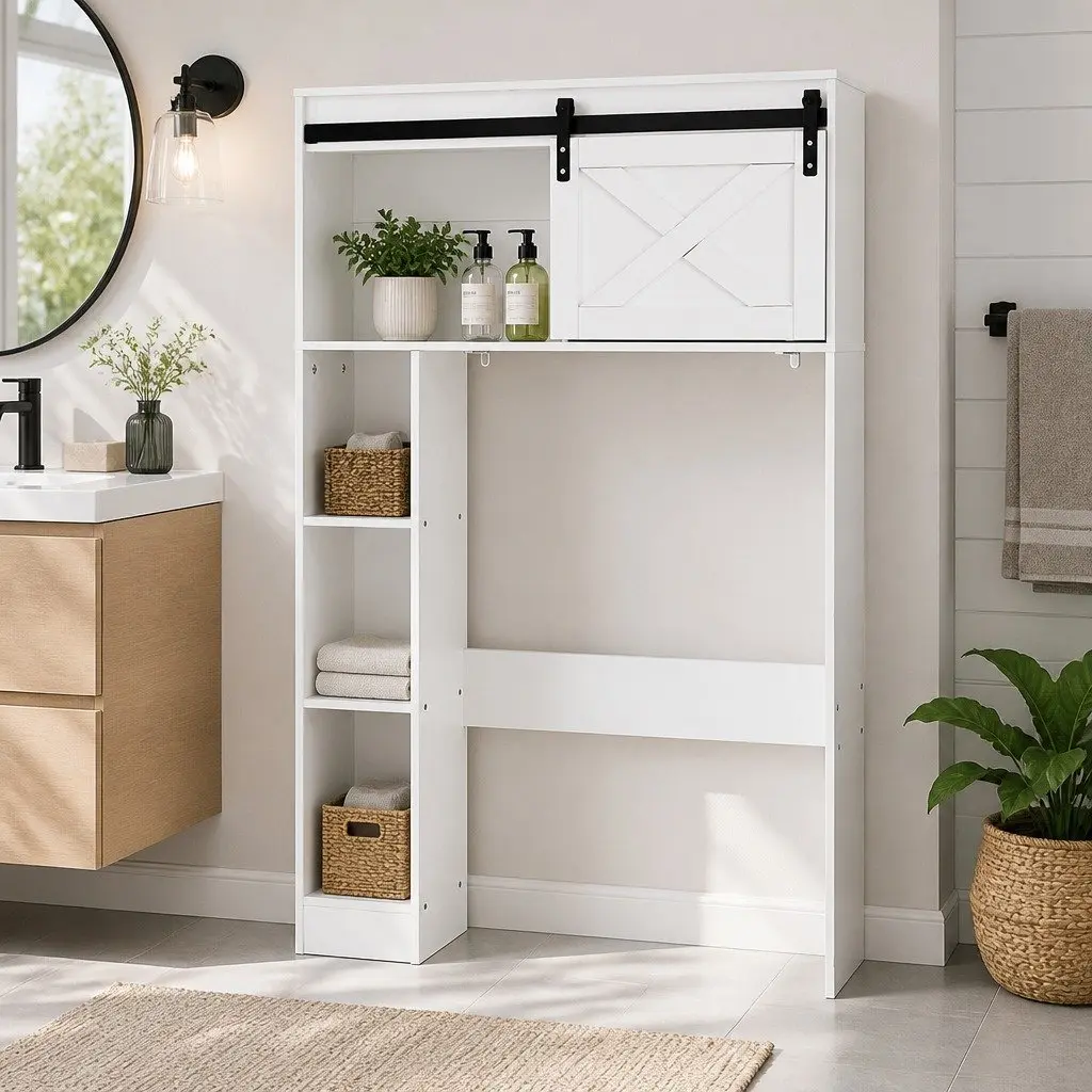 Bathroom Cabinet Over Toilet 3-Tier Open Shelves with Sliding Door for Organizing Storage