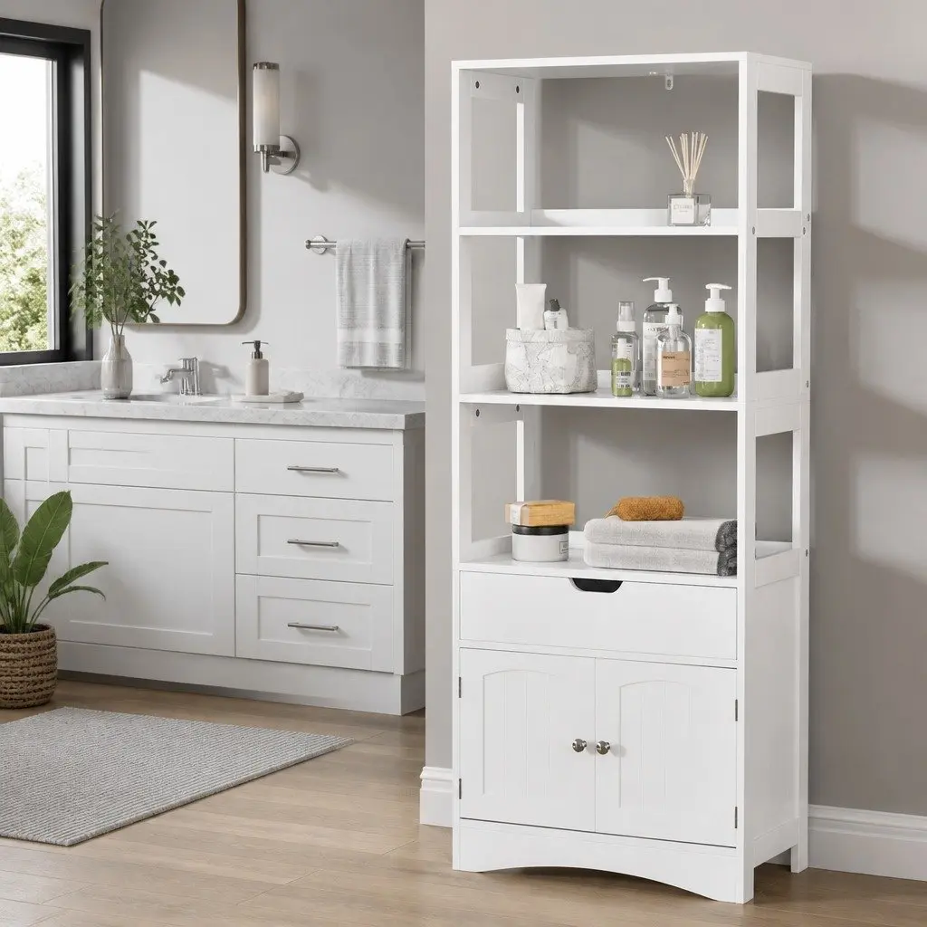 Bathroom Storage Cabinet White 2 Drawers 3 Open Shelves 2 Doors