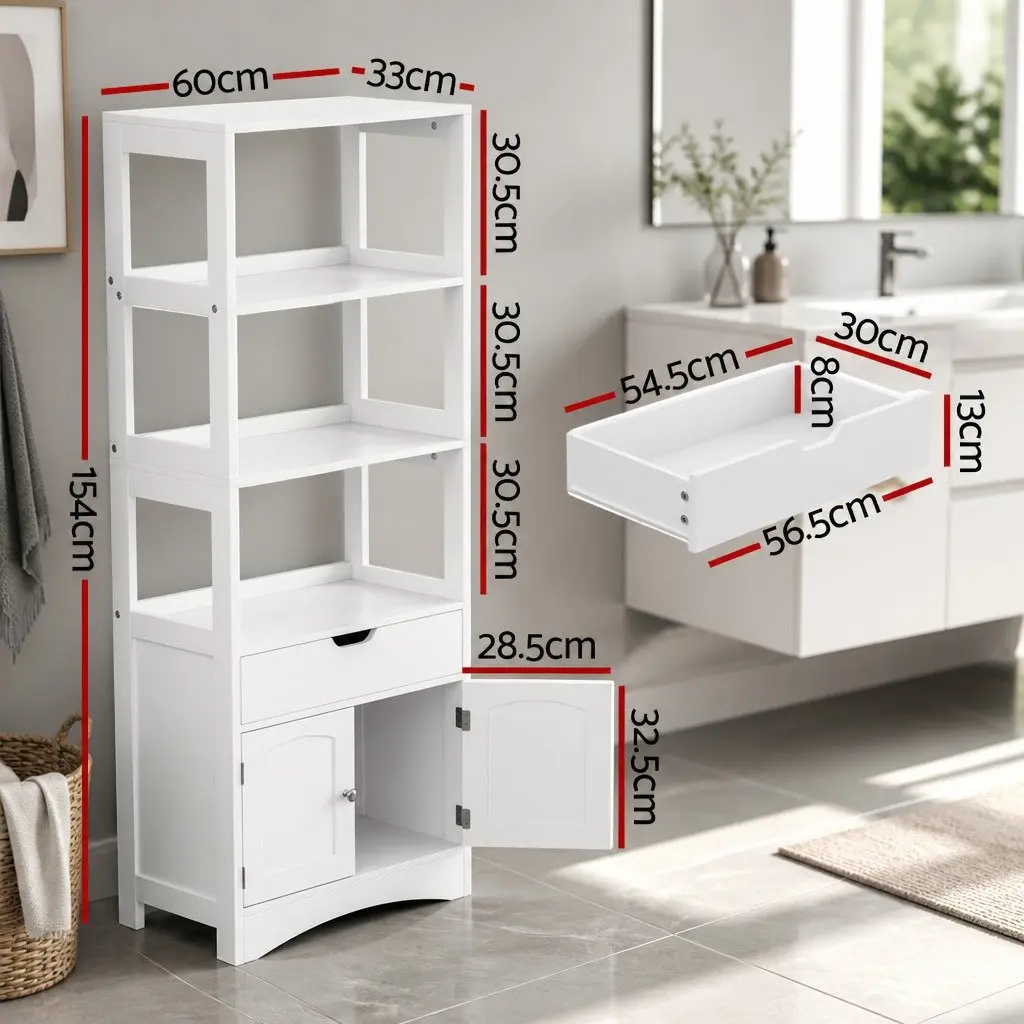 Bathroom Storage Cabinet White 2 Drawers 3 Open Shelves 2 Doors