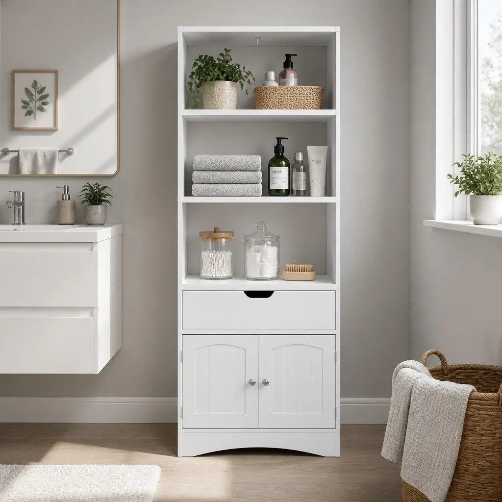 Bathroom Storage Cabinet White 2 Drawers 3 Open Shelves 2 Doors