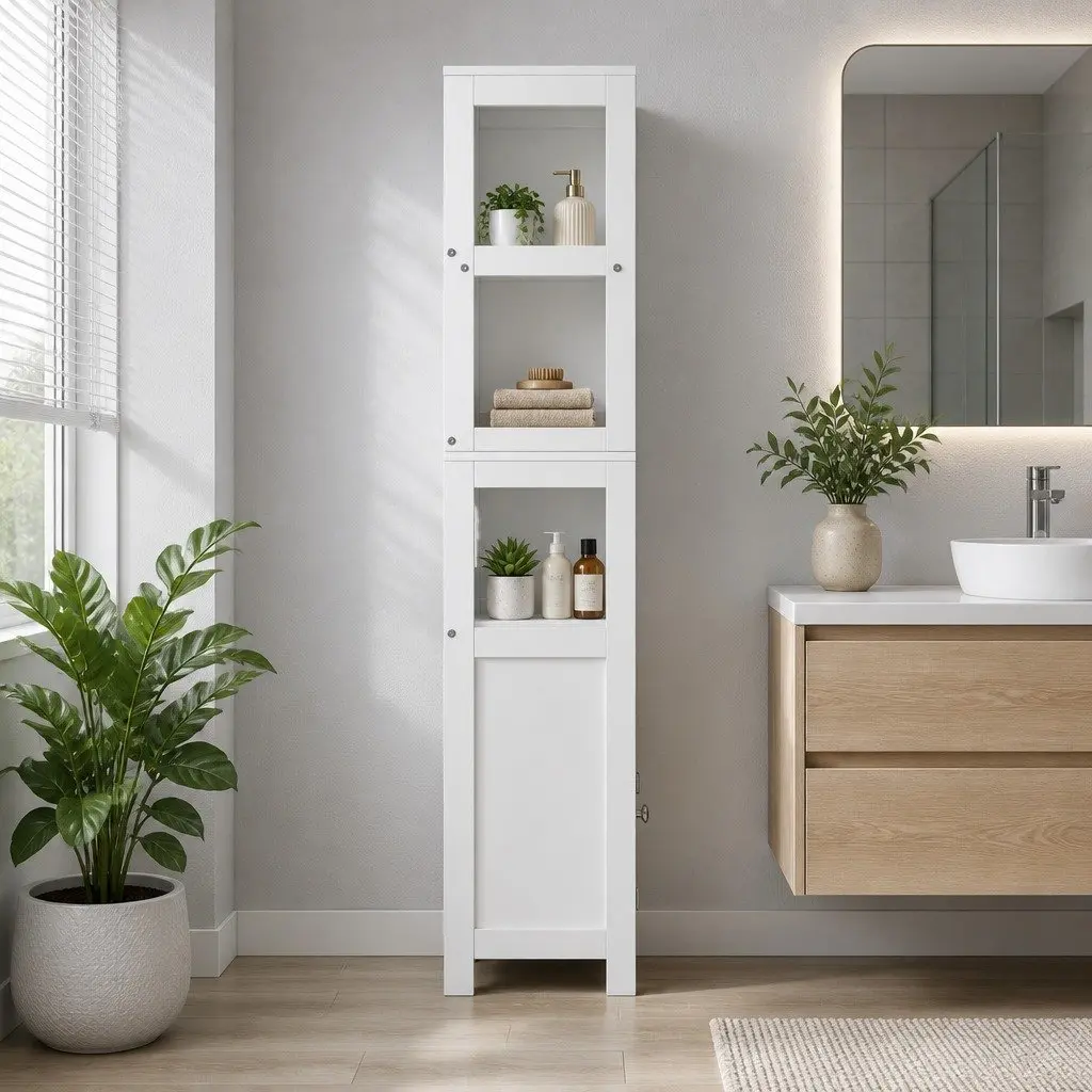 Bathroom Storage Cabinet White 2 Drawers 3 Open Shelves 2 Doors