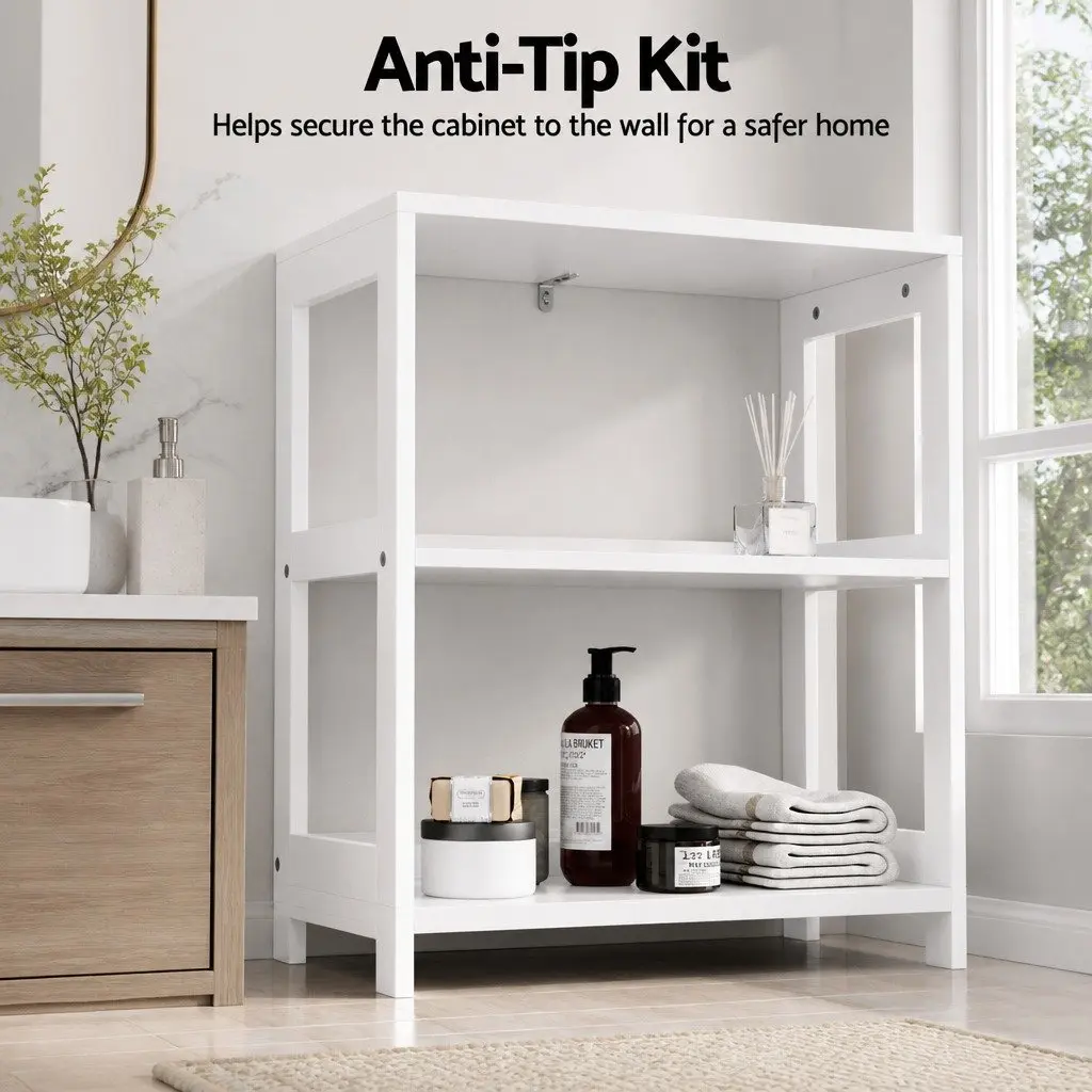 Bathroom Storage Cabinet White 2 Drawers 3 Open Shelves 2 Doors