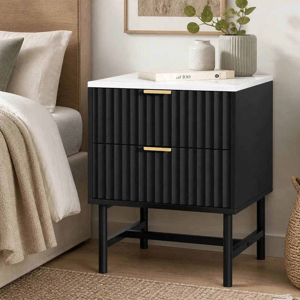 Bedside Table 2 Drawers Bedroom Storage Nightstand Black White Compact
