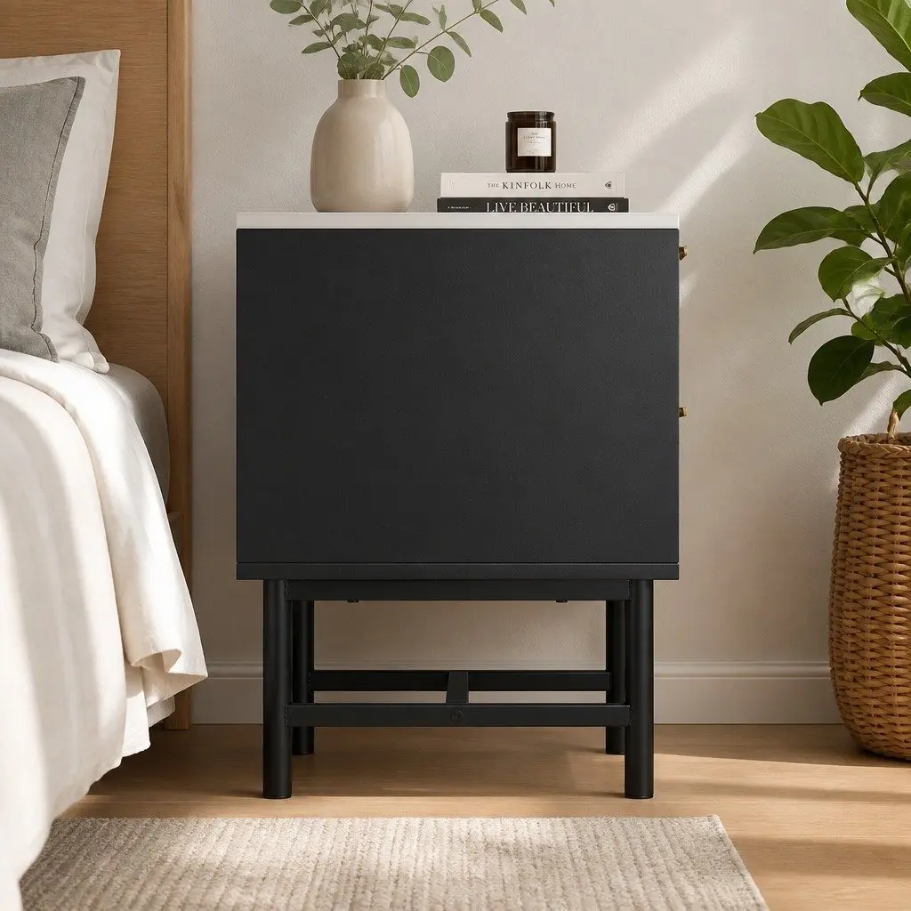 Bedside Table 2 Drawers Bedroom Storage Nightstand Black White Compact