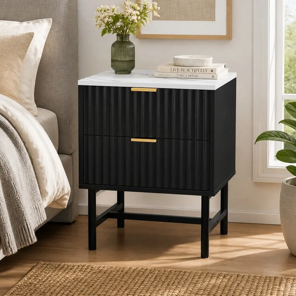 Bedside Table 2 Drawers Bedroom Storage Nightstand Black White Compact