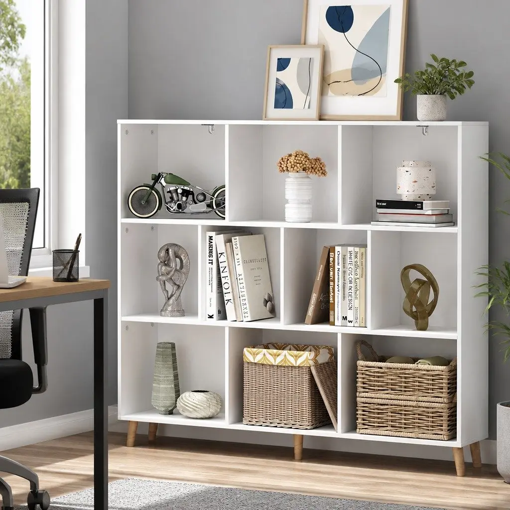 Bookshelf Living Room 3 Tier 10 Cube Storage Display Unit White Pine Wood Legs