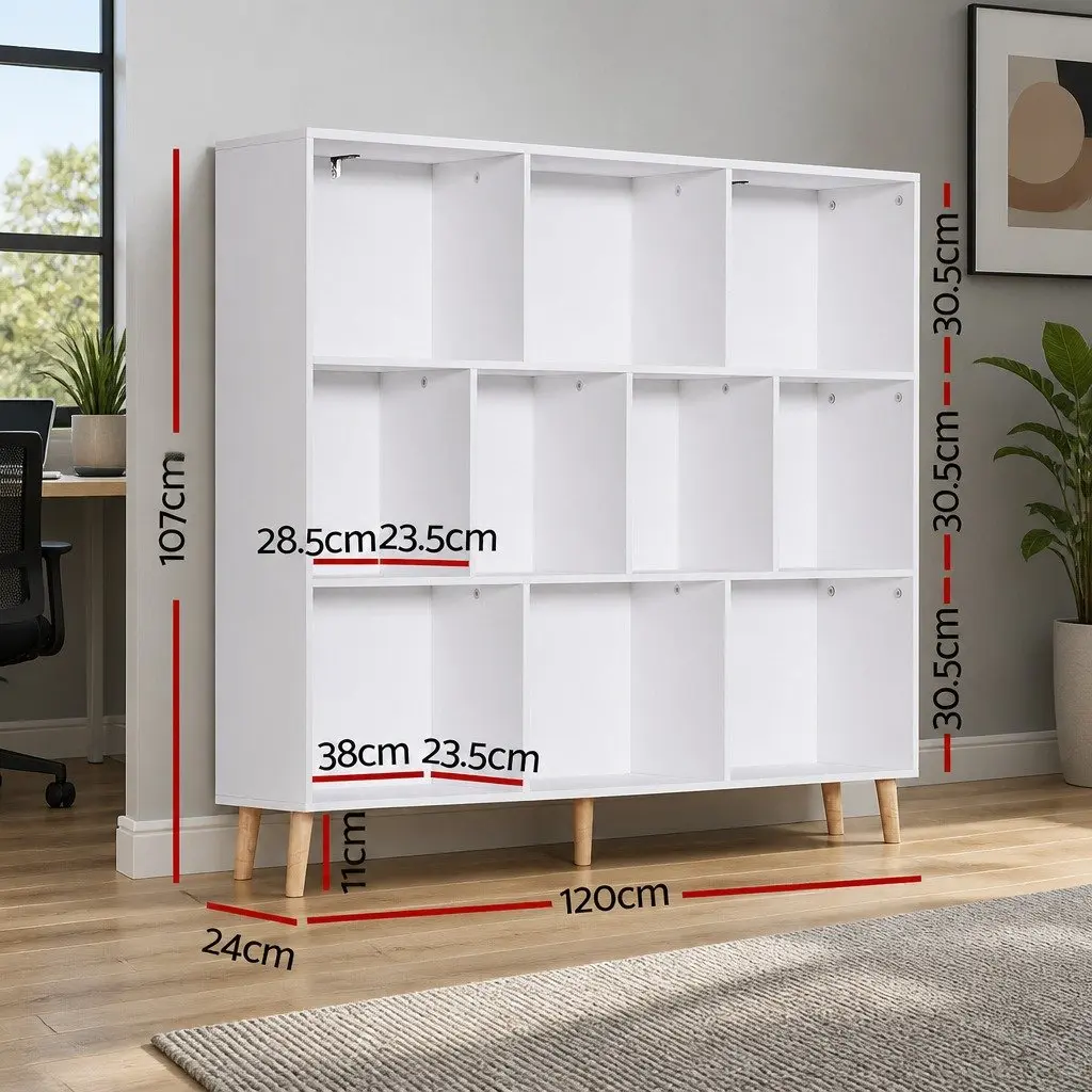 Bookshelf Living Room 3 Tier 10 Cube Storage Display Unit White Pine Wood Legs