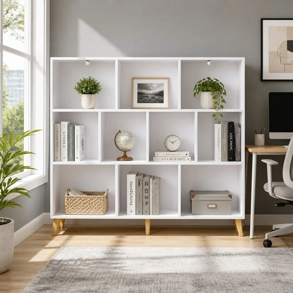 Bookshelf Living Room 3 Tier 10 Cube Storage Display Unit White Pine Wood Legs