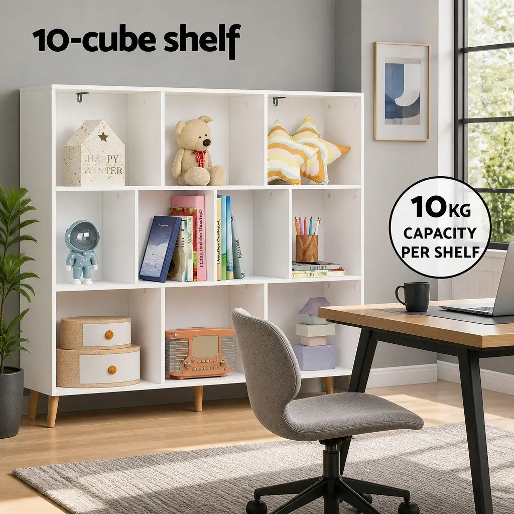 Bookshelf Living Room 3 Tier 10 Cube Storage Display Unit White Pine Wood Legs