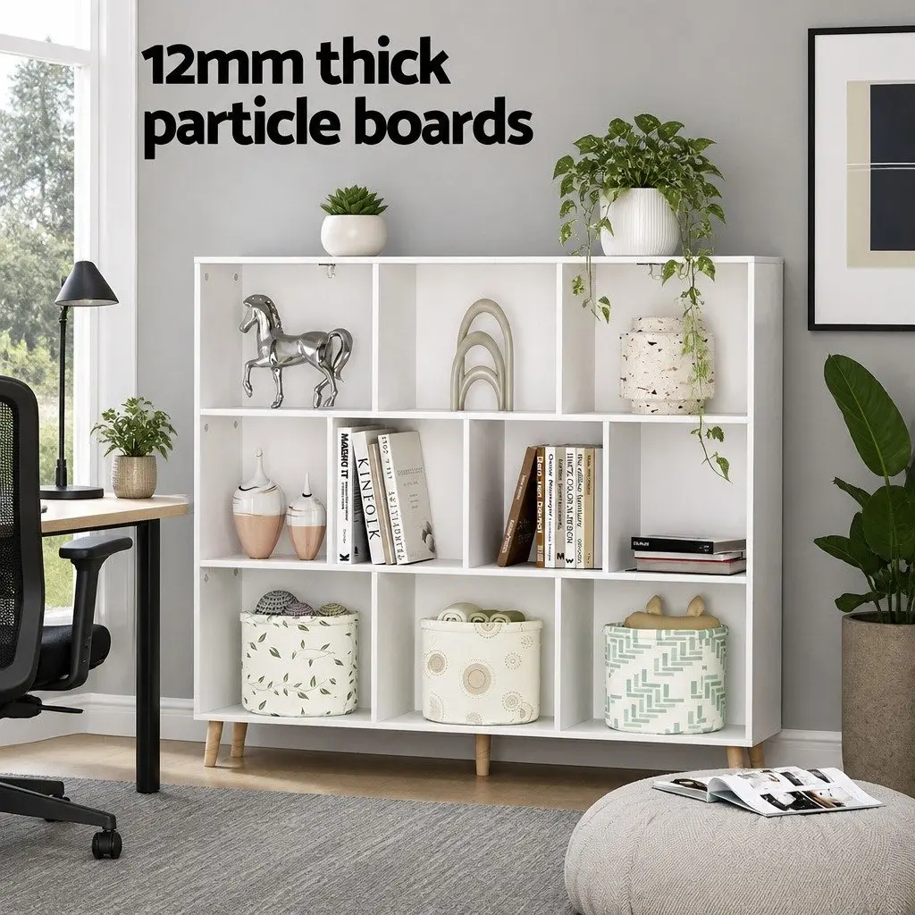 Bookshelf Living Room 3 Tier 10 Cube Storage Display Unit White Pine Wood Legs