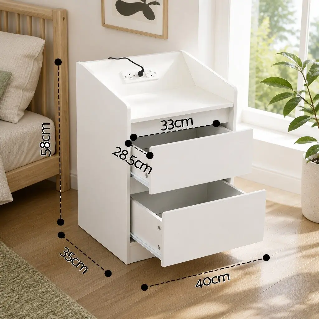 Bedside Table Nightstand with 2 Drawers Charging Station LED Lights White