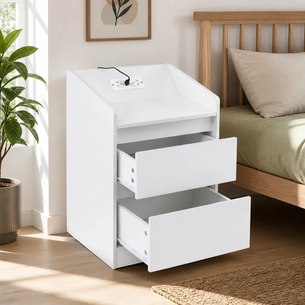 Bedside Table Nightstand with 2 Drawers Charging Station LED Lights White