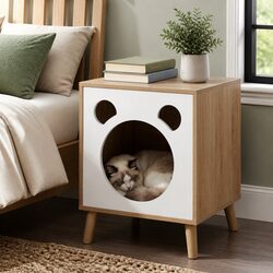 Bedside Table Cat Nest 2-in-1 Solid Wood Legs Modern Design Space-Saving