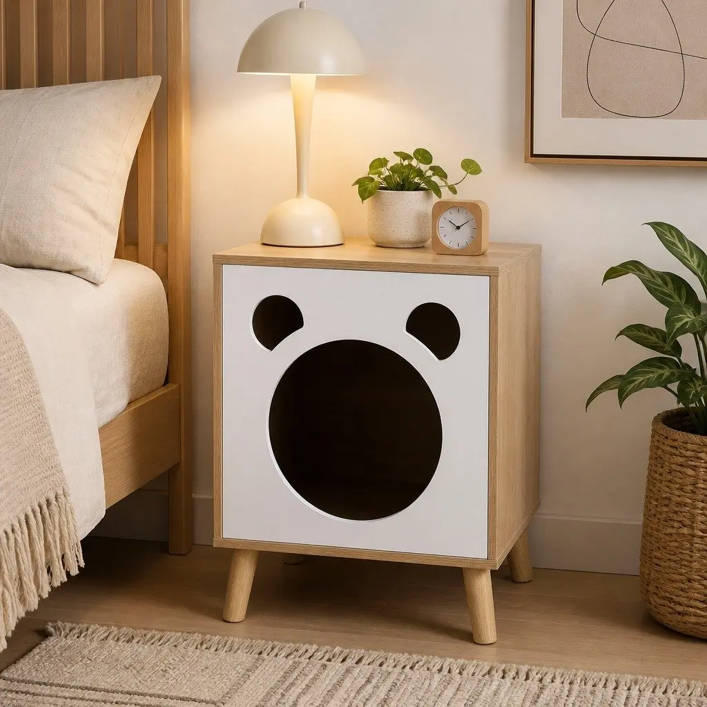 2-in-1 Bedside Table Cat Nest with Solid Wood