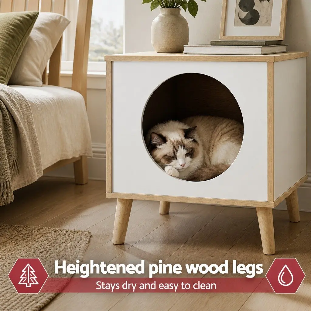 2-in-1 Bedside Table Cat Nest with Solid Wood