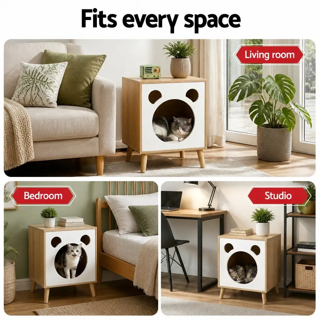 2-in-1 Bedside Table Cat Nest with Solid Wood