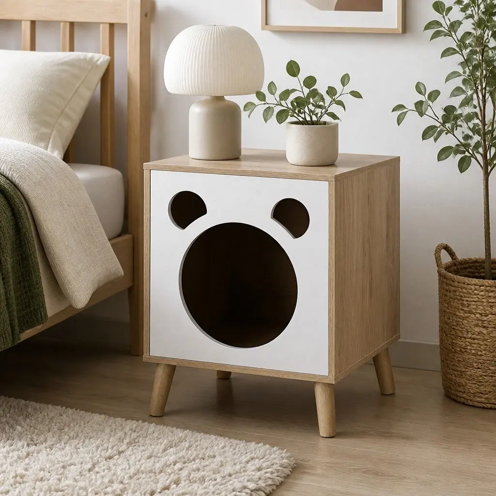 2-in-1 Bedside Table Cat Nest with Solid Wood
