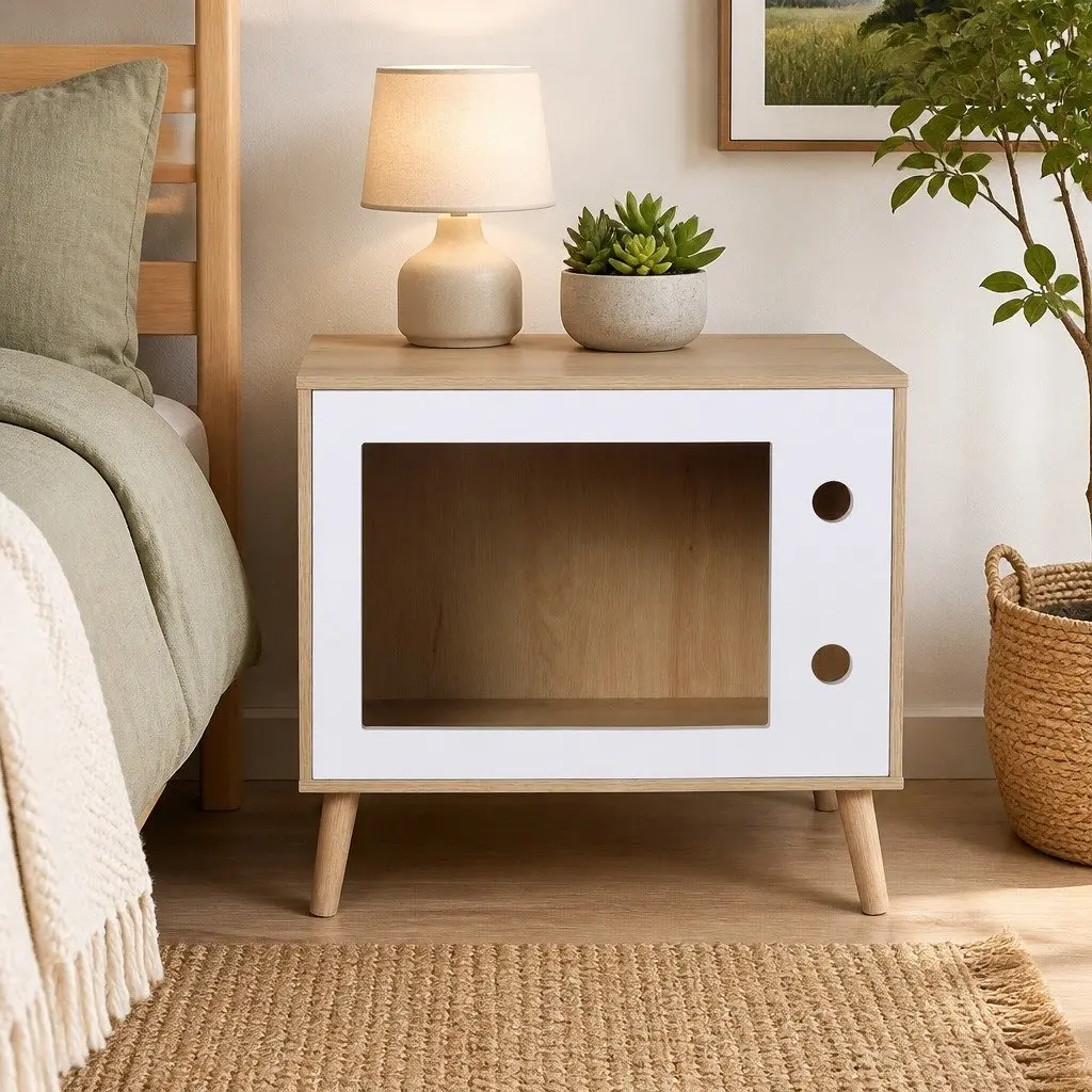 Bedside Table with Cat Nest for Bedroom 60cm Pine Wood MDF Modern Furniture