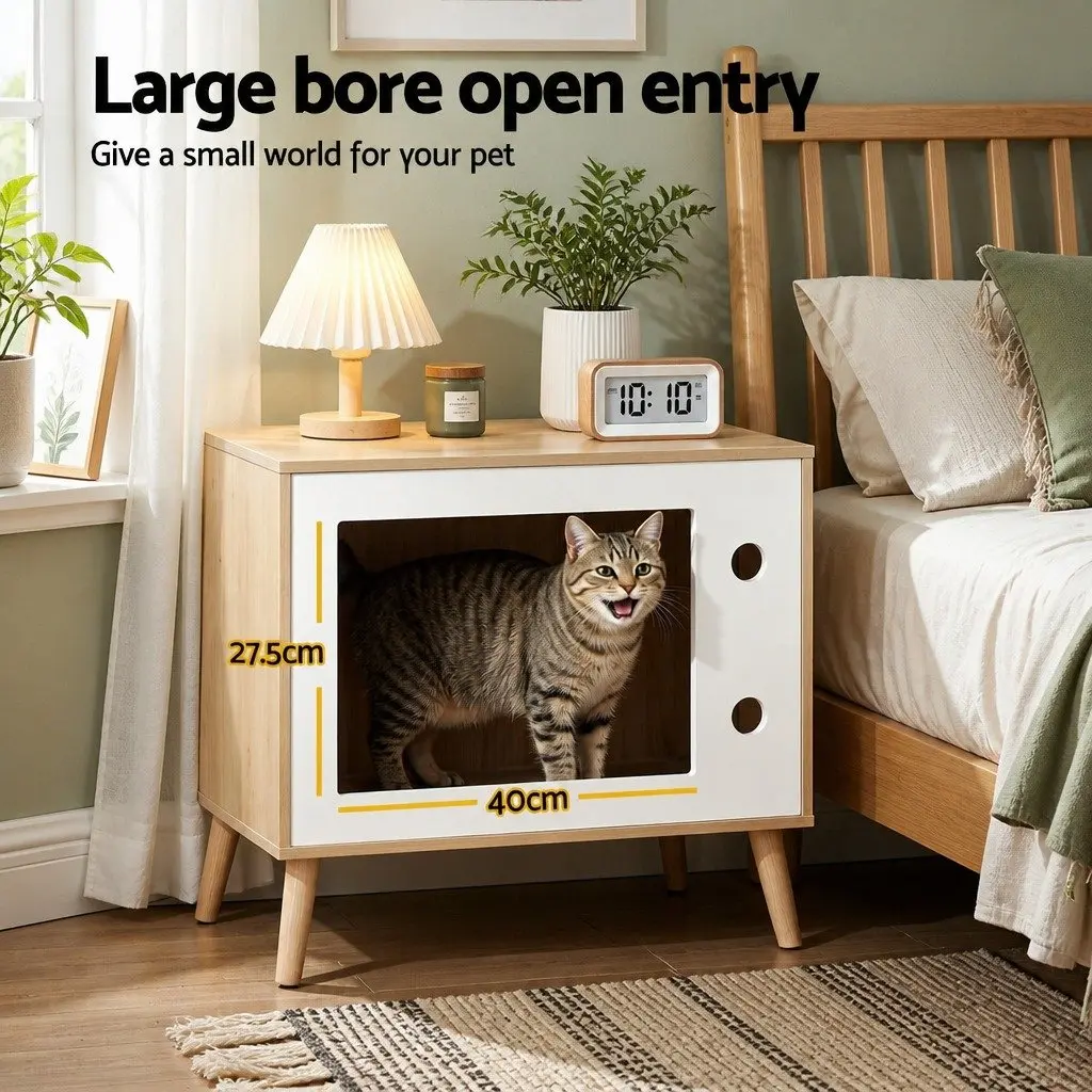 Bedside Table with Cat Nest for Bedroom 60cm Pine Wood MDF Modern Furniture