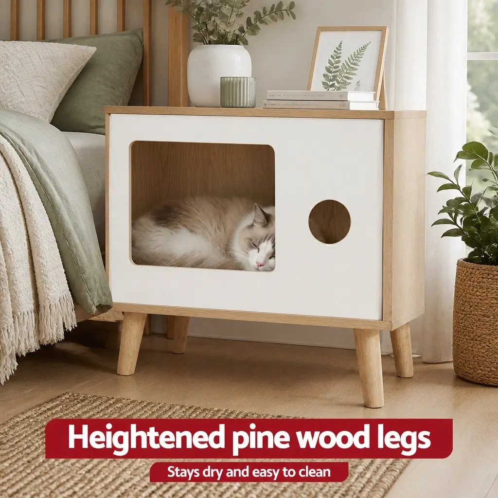 Bedside Table with Cat Nest for Bedroom 60cm Pine Wood MDF Modern Furniture