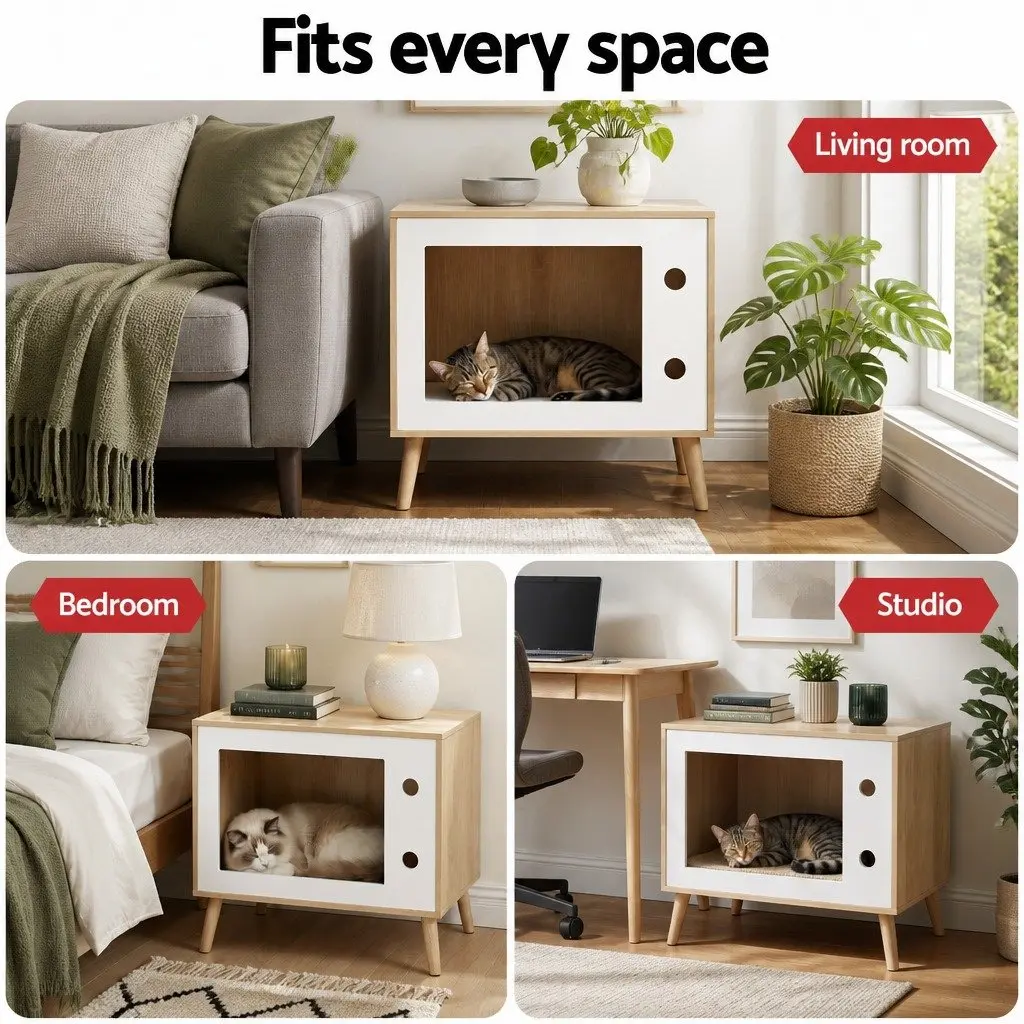 Bedside Table with Cat Nest for Bedroom 60cm Pine Wood MDF Modern Furniture