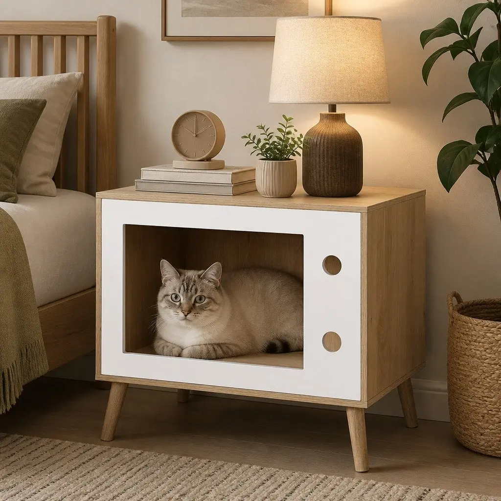 Bedside Table with Cat Nest for Bedroom 60cm Pine Wood MDF Modern Furniture