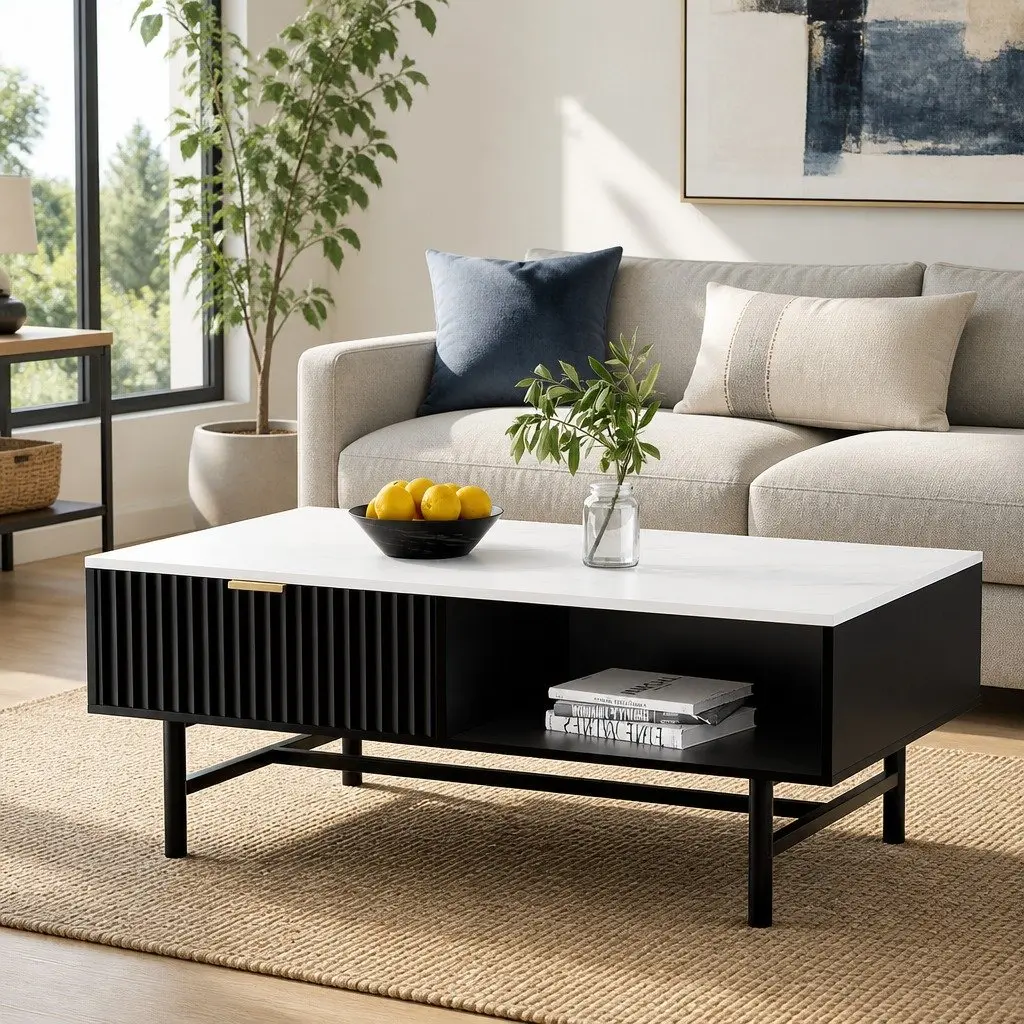 Coffee Table with Drawer Storage Shelf Open Compartments Black White Living Room