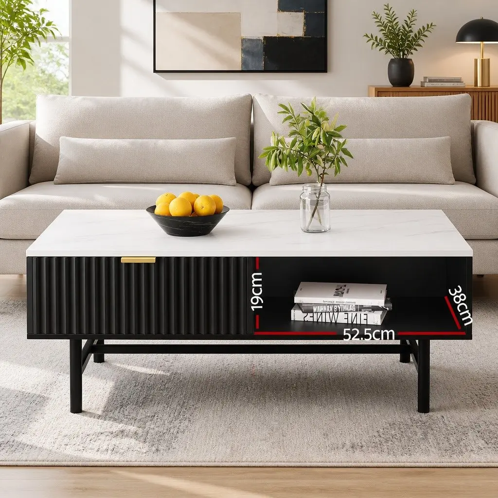 Coffee Table with Drawer Storage Shelf Open Compartments Black White Living Room