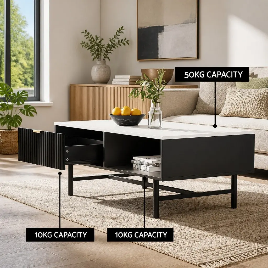 Coffee Table with Drawer Storage Shelf Open Compartments Black White Living Room