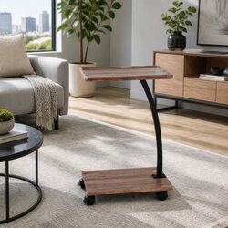 C Shaped Coffee Table with Wheels Mobile Side Table Living Room Furniture Walnut
