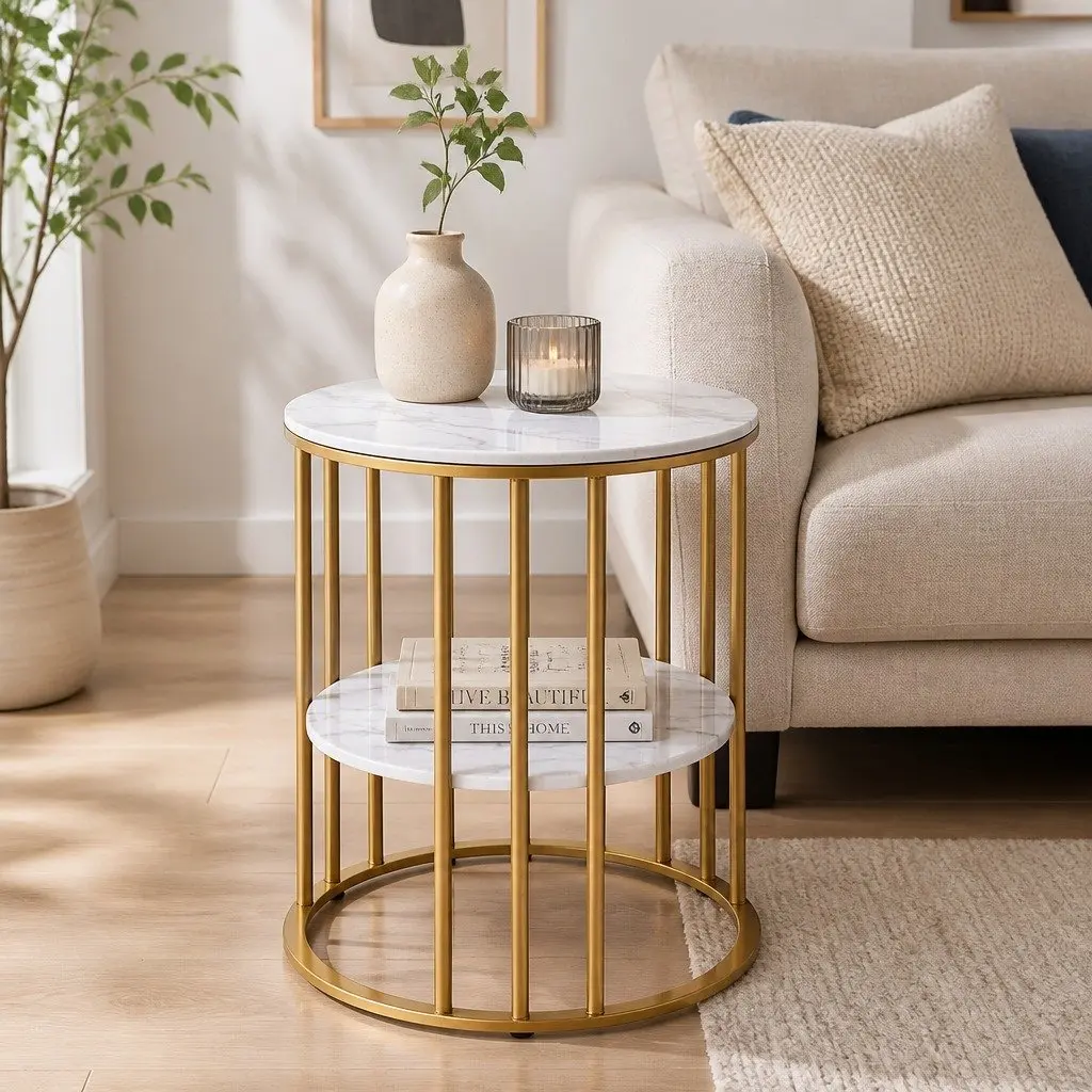 Round Coffee Table Living Room 2-Tier Marble Effect White Gold
