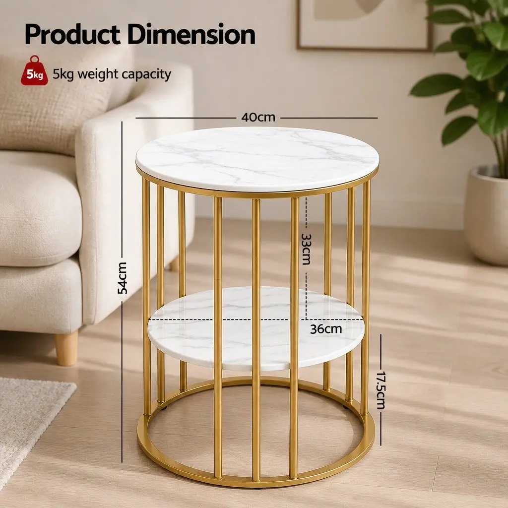 Round Coffee Table Living Room 2-Tier Marble Effect White Gold